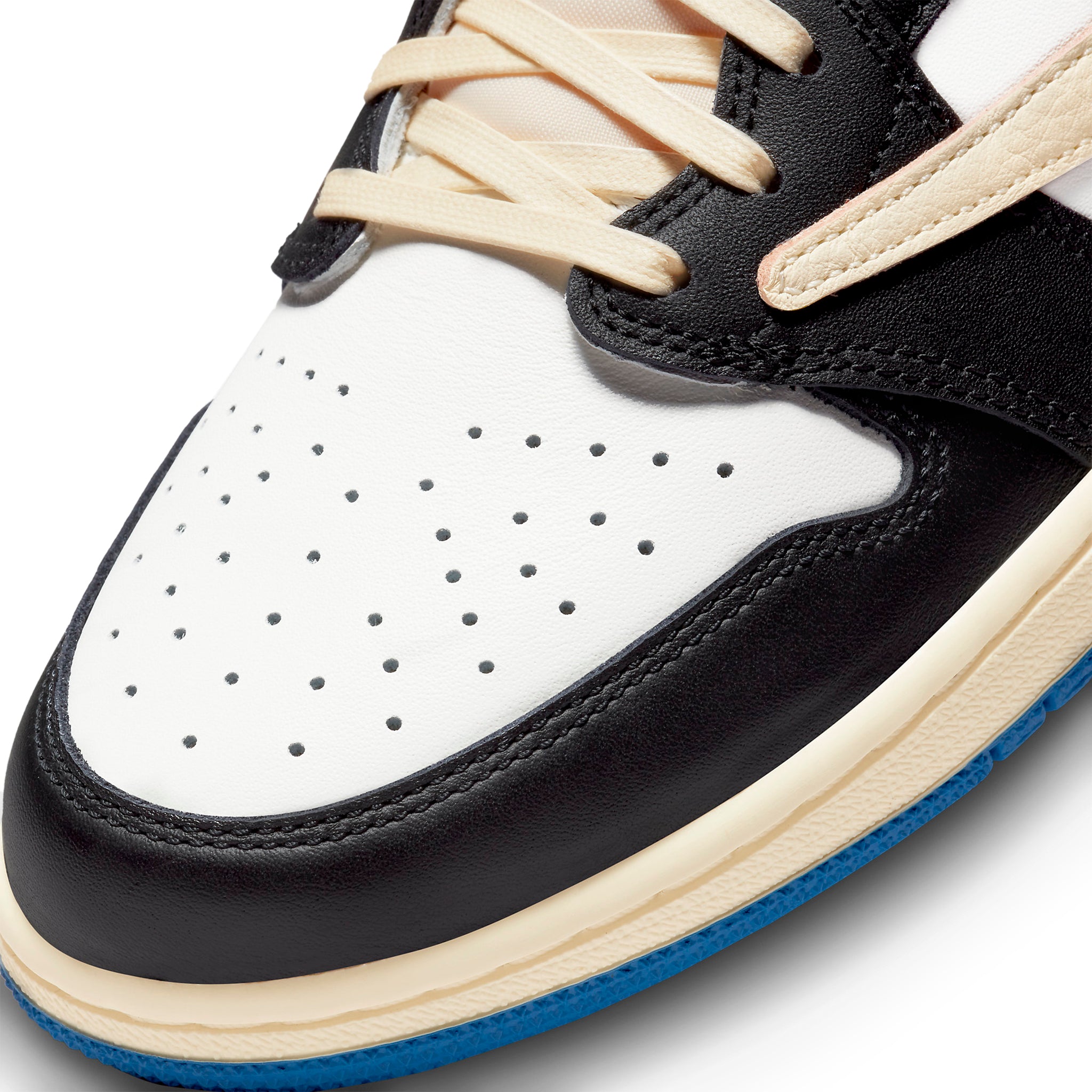 Toe box view of Travis Scott x Air Jordan 1 Low OG SP Fragment Design DM7866-140